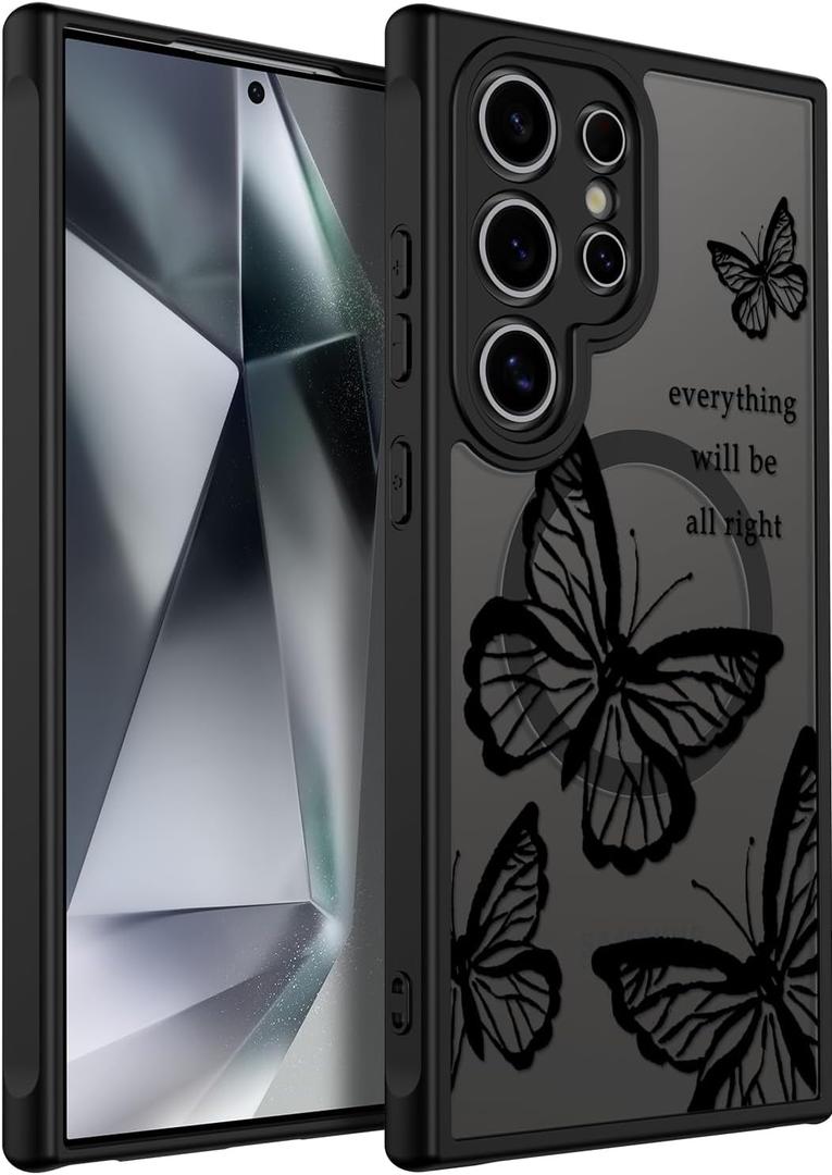 SEXYMOM Magnetic for Samsung Galaxy S24 Ultra Case - Wireless Charging Compatible,Cute Floral Design for Women and Girls,Slim Fit Translucent Matte Phone Case - Butterfly