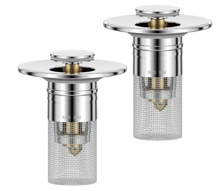2PCS Pop-up Sink Drain Strainer with Removable Stainless Steel Basket, Bathroom Sink Stopper Pop-up, Hair Catcher, Sink Filter, Bathroom Sink Stopper Replacement，Fits 99% Drain Opening