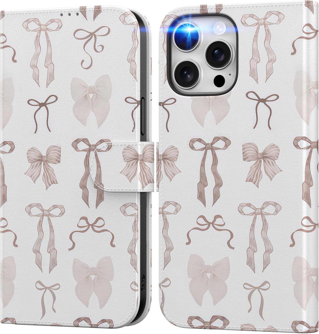 DEENAKIN for iPhone 15 Pro Max Wallet Case with Card Holder + Cash Clip, RFID-Blocking, Military-Grade Protection & UV-Printed Artwork, Magnetic Closure with Leather Stand - Delicate Bows