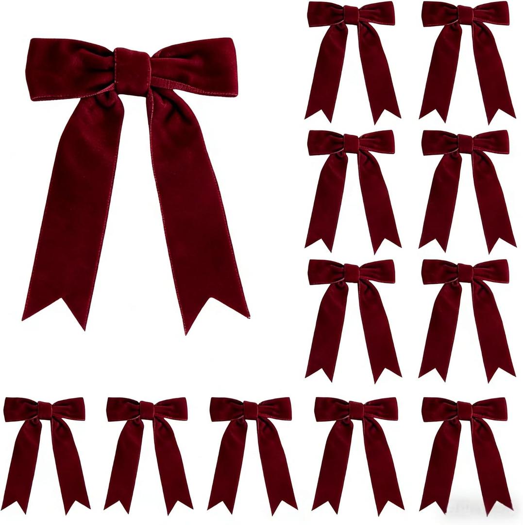 Meseey 12 Pcs Burgundy Velvet Bows with Twist Tie 4.5 Inch Pre-Tied Vintage Christmas Velvet Ribbon Bows for Treat Bags Gift Wrapping Basket Wedding Baby Shower Brithday Party