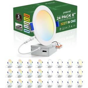 zouzai 24 Pack 6 Inch Ultra-Thin LED Recessed Ceiling Light with Junction Box 5CCT Adjustable Dimmable Can-Killer Downlight - ETL and Energy Star Certified (24 Pack,5CCT, 6 Inch)
