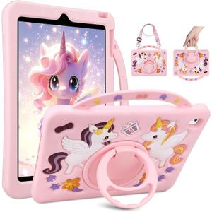 Coolden for iPad 5th/6th Generation Case 9.7 Pink Unicorn Cartoon Silicone Tablet Cover with Stand Handle & Shoulder Strap for Girls Kids Protective Shockproof Case for iPad Air 1st/2nd