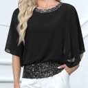 For G and PL Women's Dressy Sequin Formal Wedding Top Batwing Sleeve Chiffon Party Shirt (Black, XL)