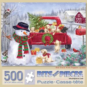 Bits and Pieces - 500 Piece Jigsaw Puzzle for Adults 18" x 24" - Red Truck with Puppies - 500 pc Snowman Christmas Dogs Jigsaw by Artist Makiko