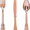 WDF-300 Pieces Rose Gold Plastic Silverware- Disposable Flatware -Heavyweight Plastic Cutlery- Includes 100 Forks, 100 Spoons, 100 Knives for Wedding& Parties