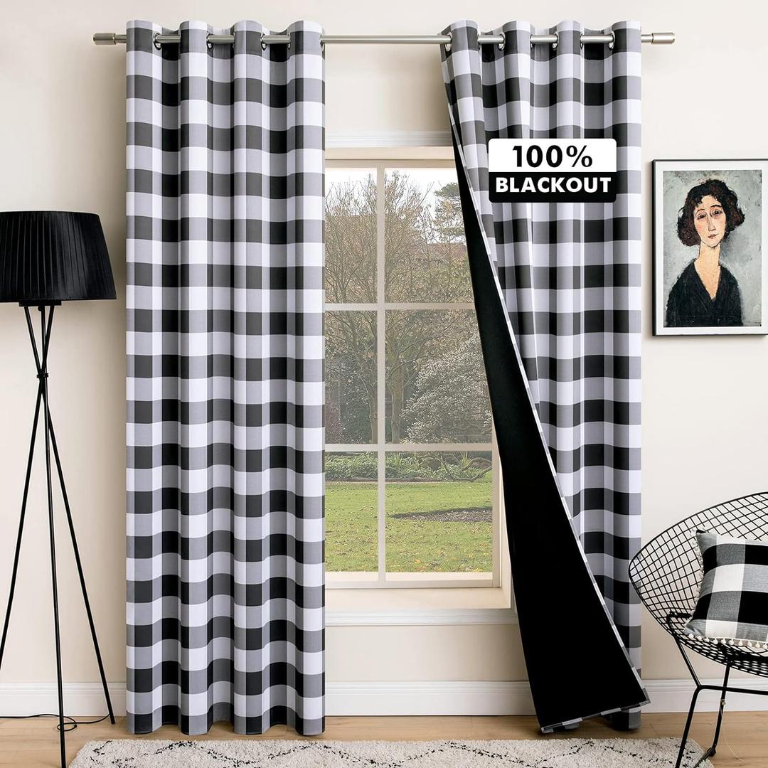 MIULEE Buffalo Plaid Curtains for Farmhouse Bedroom, Blackout Window Drapes with Grommets for Living Room Darkening Light Blocking and Thermal Insulated Set of 2 Panels, W 52" x L 90" Black and White