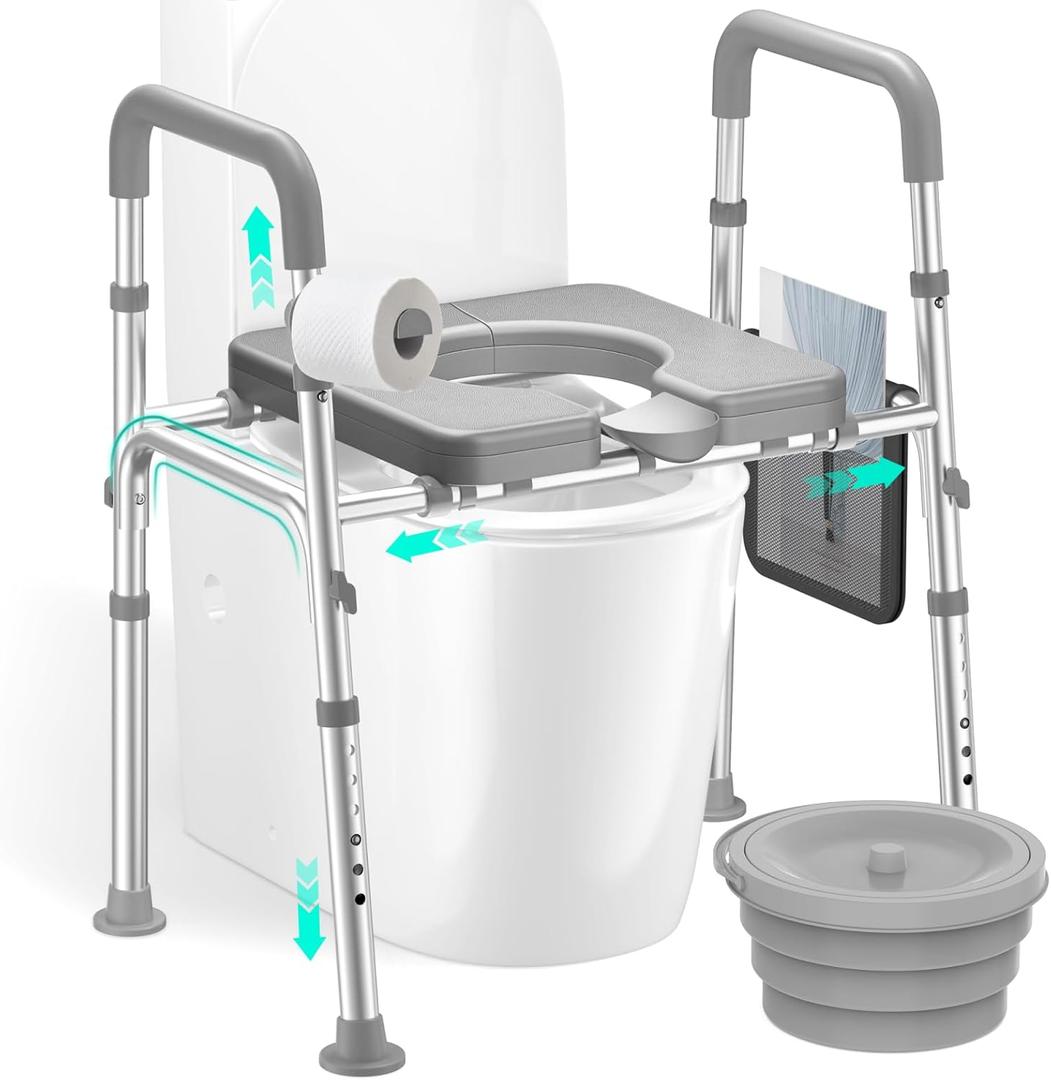 HOMEAL Raised Toilet Seat with Handles, Heavy-Duty 3-in-1 Bedside Commode Chair for Seniors, Supports 450LBS, Adjustable Toilet Seat Riser with Safety Frame and Arms for Bathroom Assistance (Grey)
