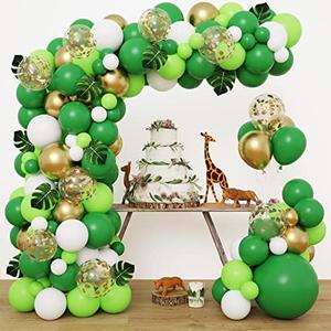 RUBFAC 268pcs Jungle Safari Balloons Garland Arch Kit, Green and Gold White Confetti Balloons with Artificial Tropical Palm Leaves for Birthday Baby Shower Wild One Animal Dinosaur Theme Decoration set of 2