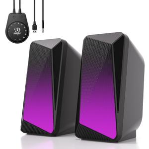 SOULION C30 Computer Speakers, USB Powered & 3.5 mm AUX Bluetooth Speakers for Desktop Monitor, LED Flame Lights & Easy-Control Pod, Gaming Speakers for Laptop Tablet Phone - Black