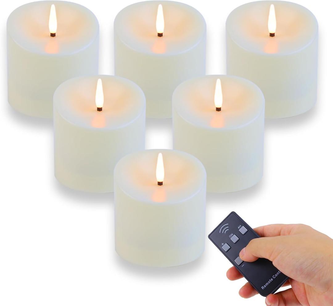 TECHLONG 3"x3" Flickering Flameless Candles Waterproof, Battery Operated Candles with Remote Timer, Last 600 Hours Electric Fake LED Candles for Halloween Christmas Decoration, Ivory White, Set of 6