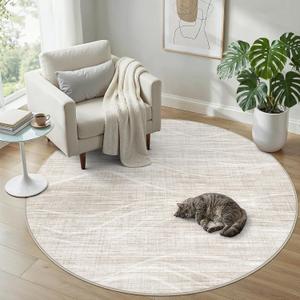 WITSHOCK Round Rugs 6ft for Living Room, Washable Area Rug for Bedroom Dining Room Office Nursery, Modern Striped Design Non-Slip Low Pile Carpets for Home Decor, Beige