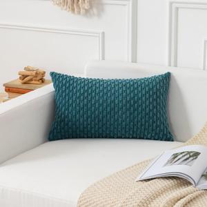 Kevin Textile 14x22 Inch Pillow Cover 1 Pack Boho Decorative Soft Striped Corduroy Lumbar Farmhouse Color Accent Rectangle Cushion Case for Living Room Couch Sofa Bed, Teal Blue