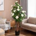 2pc 5ft Decorative Artificial Camellia Tree with White Flowers, Potted Faux Floral Plant, Realistic Blooming Fake Plants for Indoor Outdoor Home Front Door Planter Decor