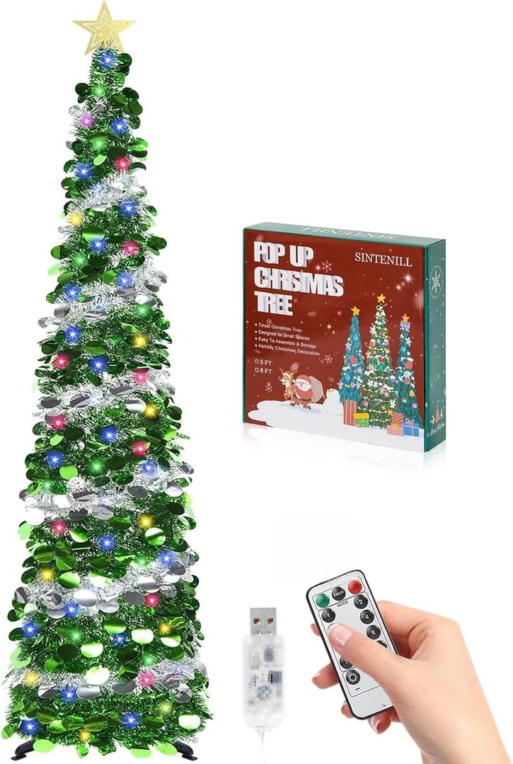 SINTENILL 6 FT Pop Up Christmas Tree with 100 LED Timer Lights & Remote, Green Collapsible Christmas Tinsel Tree Artificial Pencil Tree Xmas Decoration for Holiday Home Office Party, USB Powered