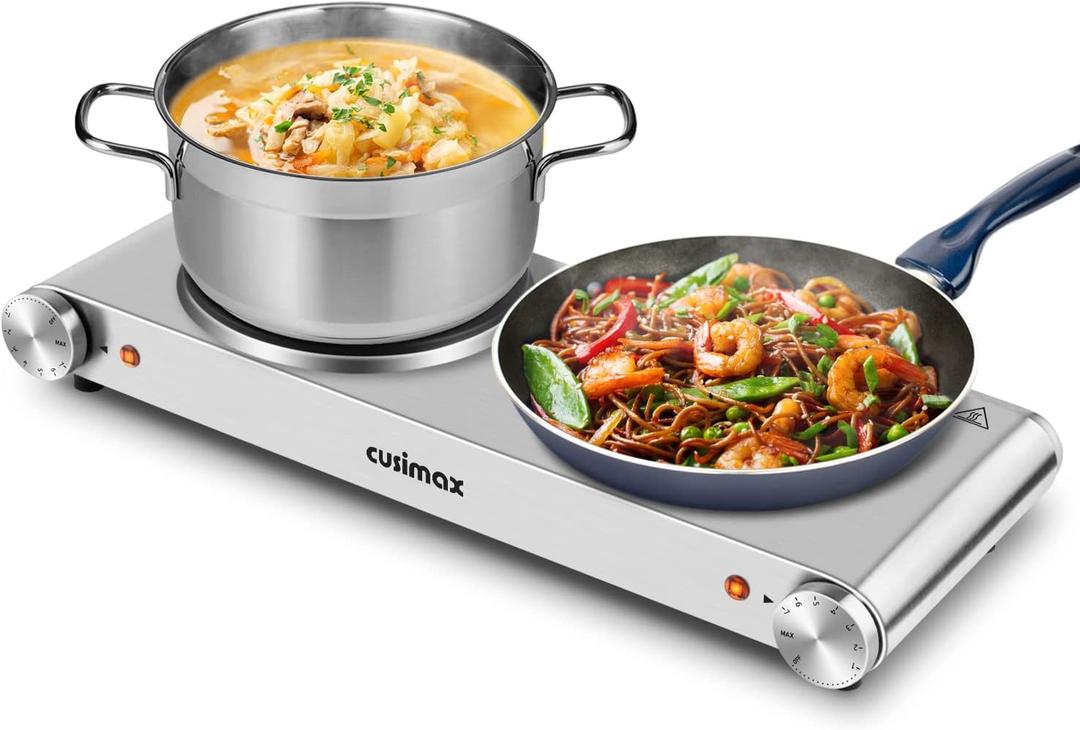 CUSIMAX Hot Plate, Electric Double Burner, 1800W Cast Iron Countertop Cooktop, Portable for Cooking, Compatible for All Cookwares, Easy Clean, Upgraded Version (Double Burners, Silver)