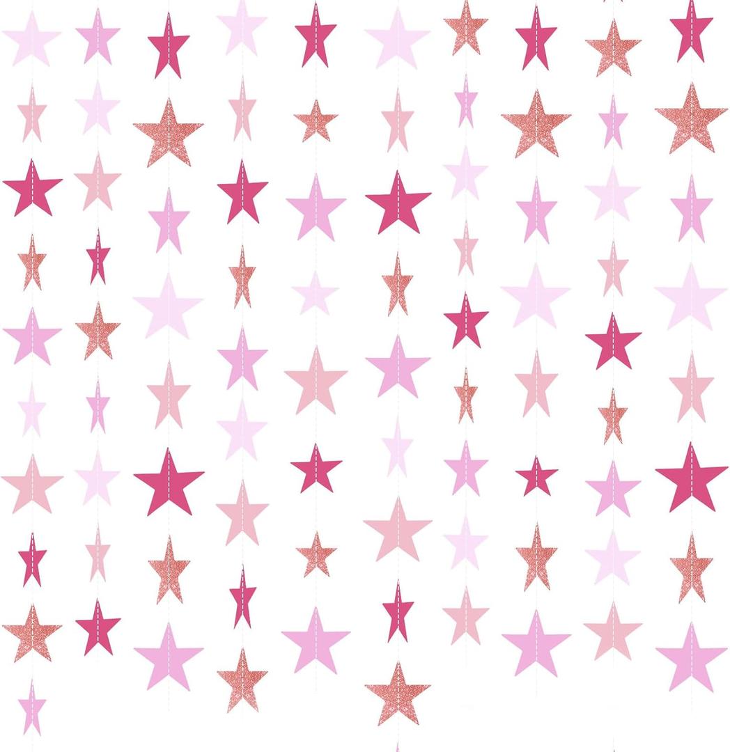 Patelai Glitter Star Garland Banner Christmas Decor 130 Feet Star Hanging Bunting Banner Twinkle Backdrop for Homecoming Classroom Wedding Birthday Halloween Party Supplies(Pink, Purple)