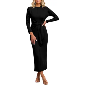 Cicy Bell Womens Long Sleeve Maxi Dress Bodycon Tie Waist Fall Elegant Crew Neck Cocktail Party Dress Medium