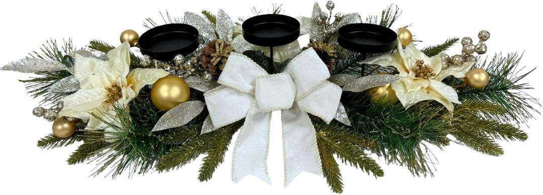 Christmas Candle Holder Christmas Candle Centerpiece 3 Candle Holders with White Poinsettia Flowers Decorative Bow Glitter Pine Branches Pinecones for Tabletop Centerpiece Decorations Holiday