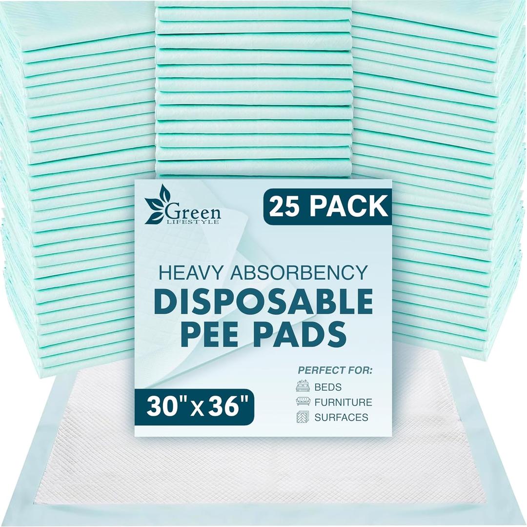 GREEN LIFESTYLE Underpads - Chucks Pads Disposable Adults, for use as Incontinence Bed Pads, Pet Pads, Pee Pads for Dogs, Cats, Bunny, Seniors Bed Pad (Pack of 25 - 30x36)