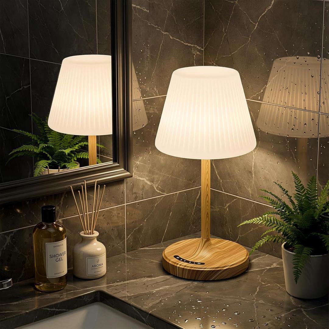 Shower Lamp Waterproof Bathroom Lamp for Inside Shower Bathtub, Rechargeable Cordless Table Lamp with 4000mah Battery, Touch Dimmable Light, Small Relaxing Spa Night Lamp for Bathroom, Kitchen, Desk (Wood Grain)