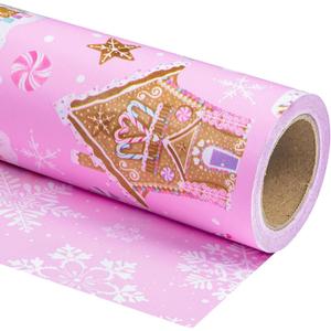 WRAPAHOLIC Reversible Gingerbread Christmas Wrapping Paper - Mini Roll - 17 Inch x 33 Feet - Pink Gingerbread House and Snowflake with Embossed for Christmas, Holiday, Party Celebration