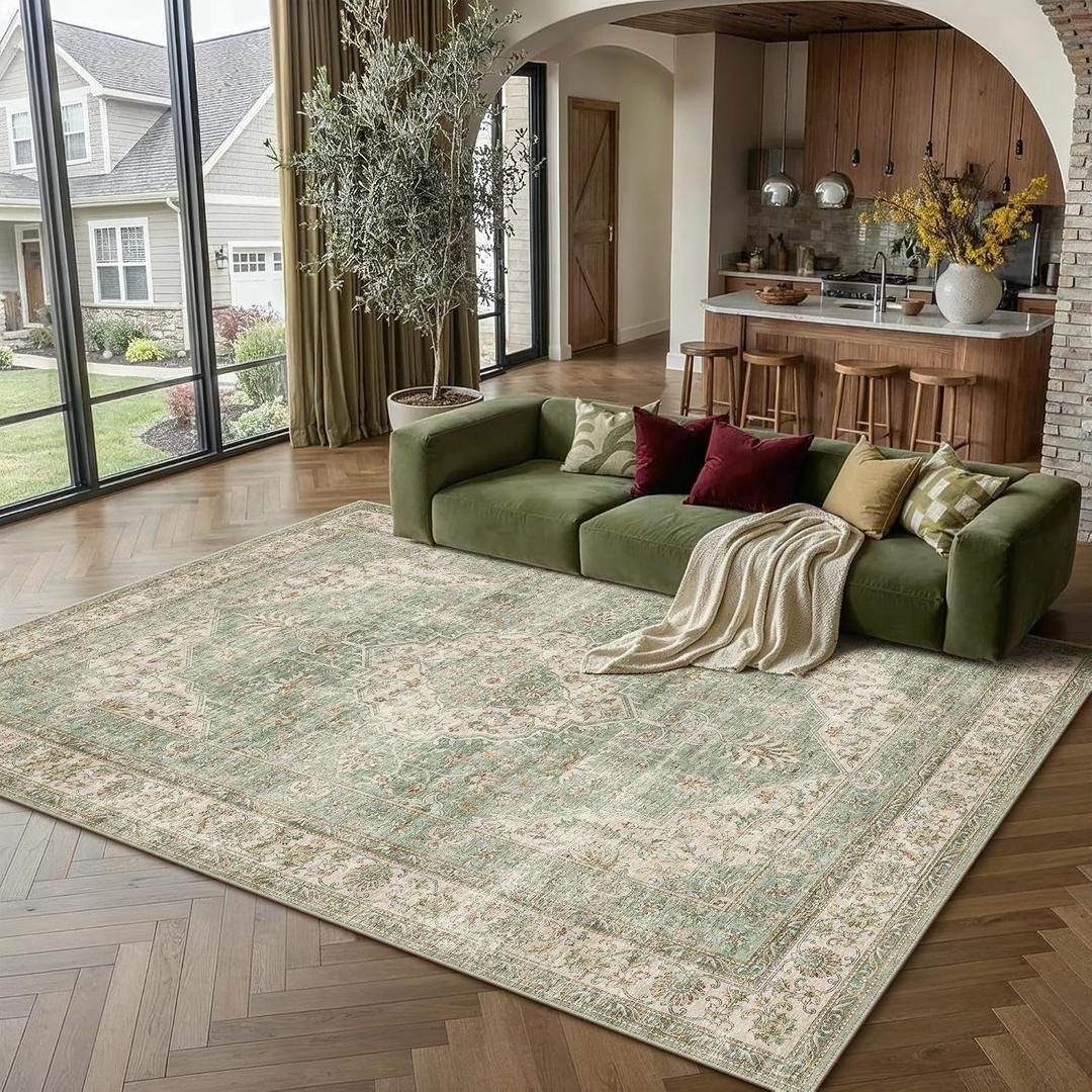 PureCozy 6x9 Green Washable Area Rug Non Slip Vintage Carpet