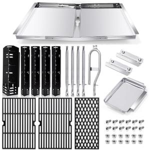 Grill Grease Tray Replacement Parts for Dyna Glo Grill Replacement Parts 5 Burner DGH474CRP, DGH483CRP, DGH485CRP, Adjustable 24''-30'' Gas Grill Drip Pan, Cooking Grate, Heat Plate Shield and Burners