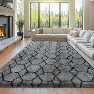 8x10 Area Rugs for Living Room: Grey and Black Fluffy Bedroom Rug 8x10 Feet Geometric Large Soft Plush Shaggy Rug Fuzzy Shag Floor Carpet for Living Room, Nursery Kids Room, Dorm Home Decor