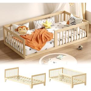 Toddler Bed, Variable Twin Floor Bed Frame with Removable Guardrails and Legs, Low Wooden Kids Bed with 10 Slats and Supporting keel, Crib-to-Bed Transition for Bedroom or Nursery