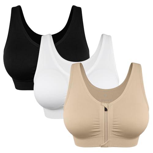 WANAYOU Sports Bra, Zip Front Closure, Wireless, Padded, U Back, Workout, Gym, Yoga, Seamless, Black/Beige/White, M