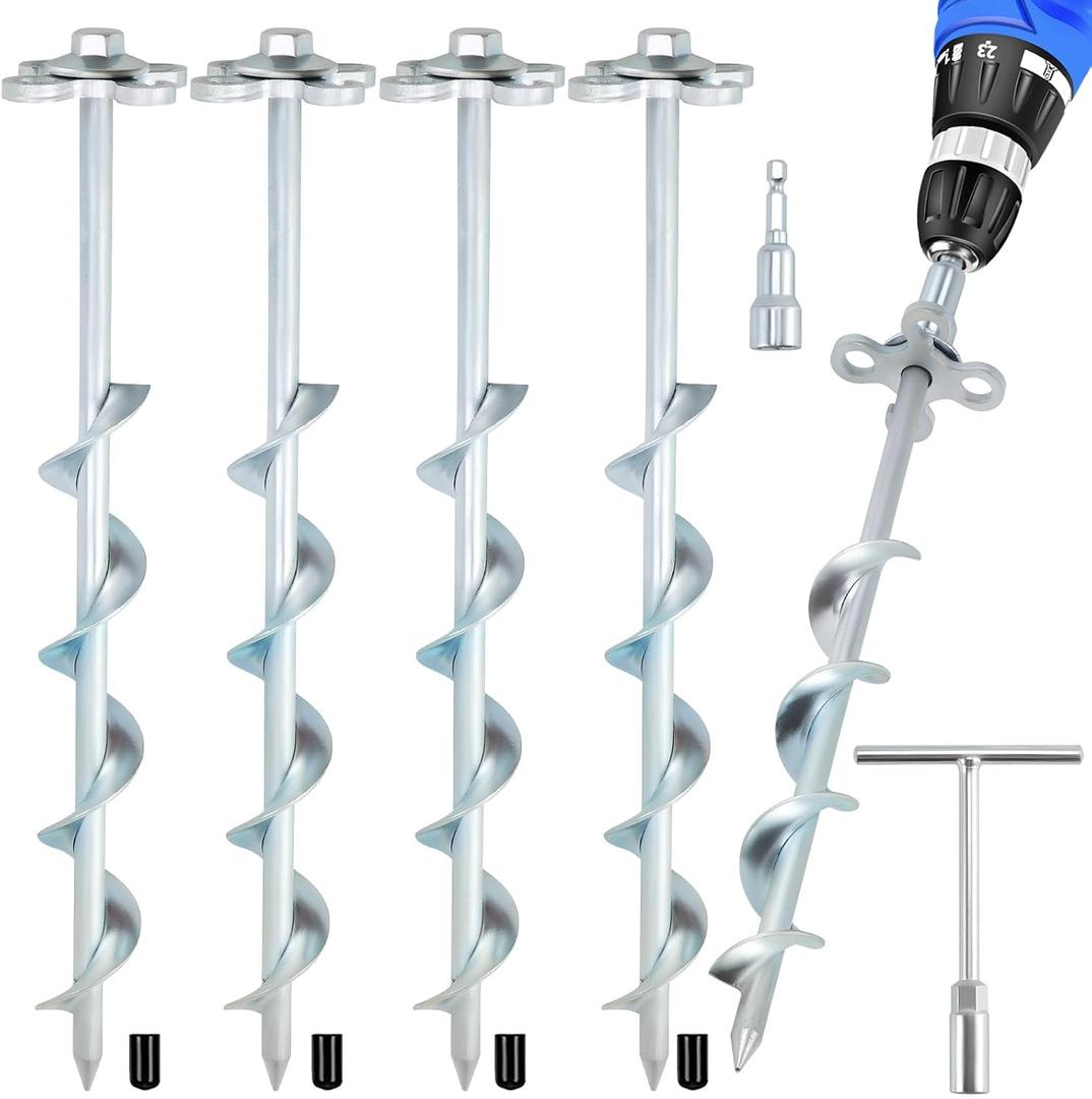 Ground Anchors Screw in 4 Pack Spiral Tent Stakes heavy duty with Drill Socket & T-Handle, 12 Inch Trampoline Anchor with Hook & Ring Design for Tents, Sheds, Canopies, Swing Sets, Gazebo(4)