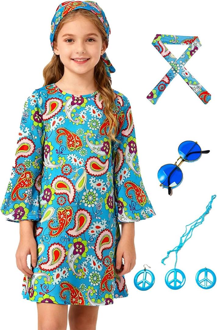 6Pcs 60s 70s Outfits for Kids, Hippie Costume for Girls Colorful Dress Party Halloween Cosplay  (XS, Blue)