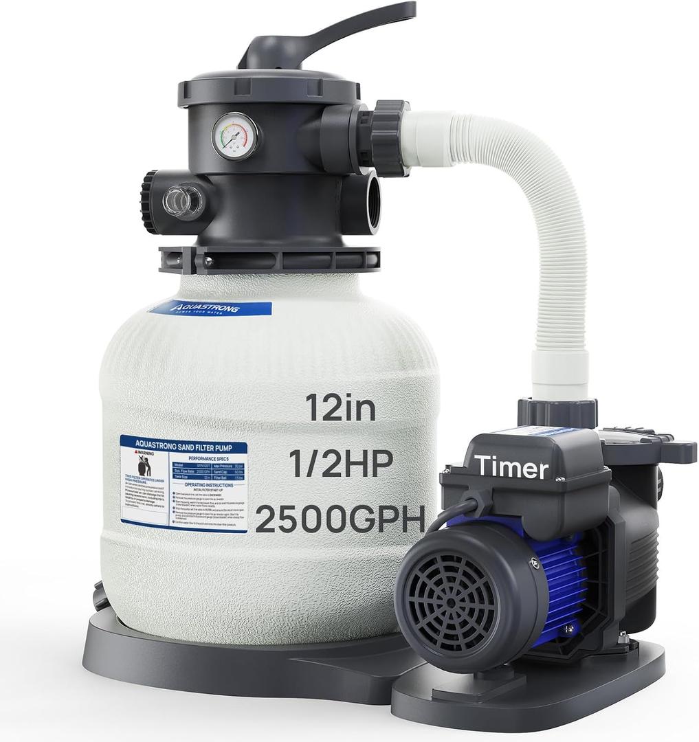 AQUASTRONG Sand Filter Pump for Above Ground Pool, Pool Pumps Above Ground with Timer, Pool Sand Filter with 6-Way Valve,Improved Circulation and Filtration,12in, up to 9000 Gallons
