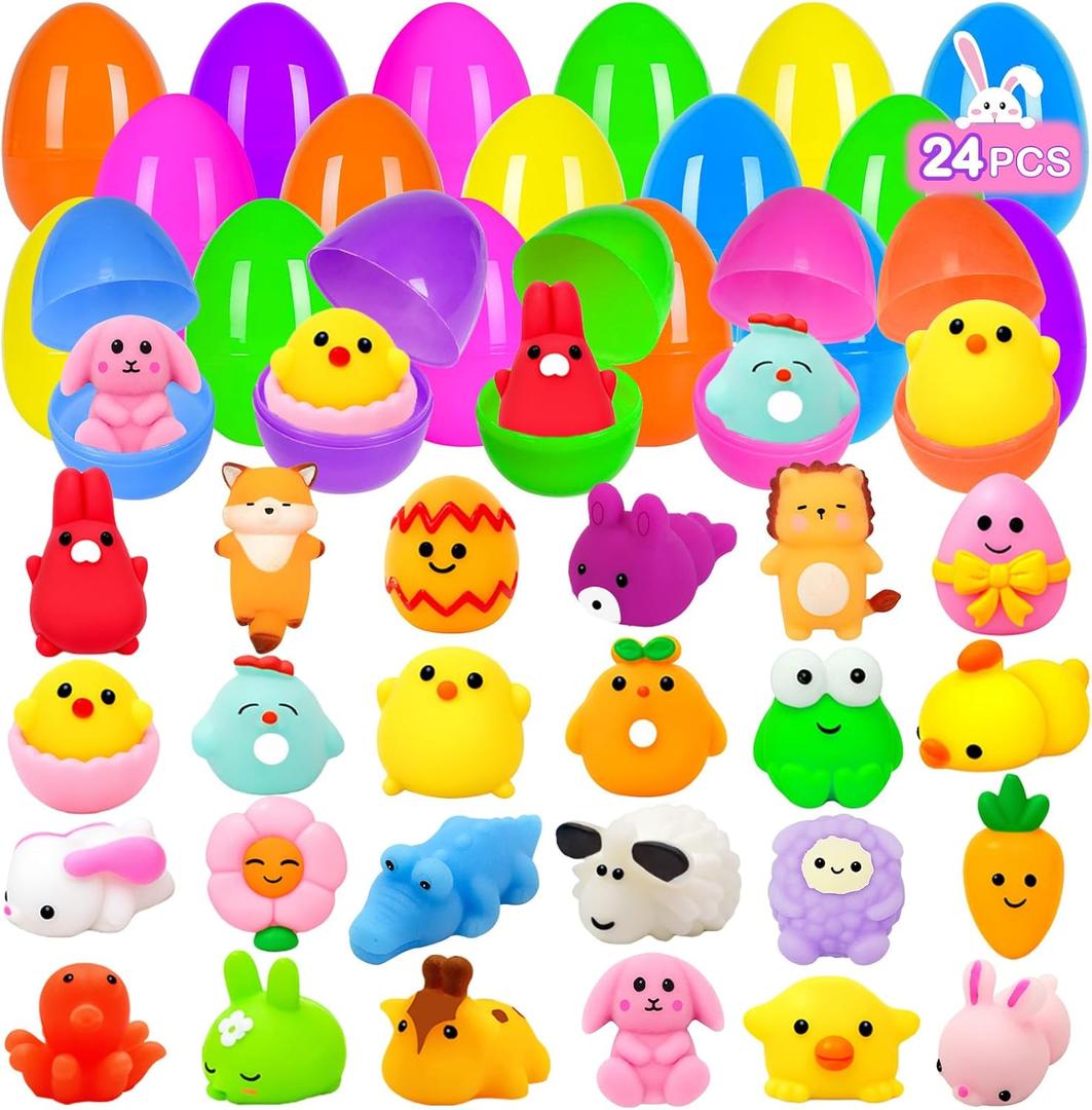 24 Pack Easter Eggs Filled Mochi Squishies, Easter Egg Fillers Stress Relief Toys for Kids Boys Girls Easter Hunt Filling Treats Basket Stuffers Party Favors