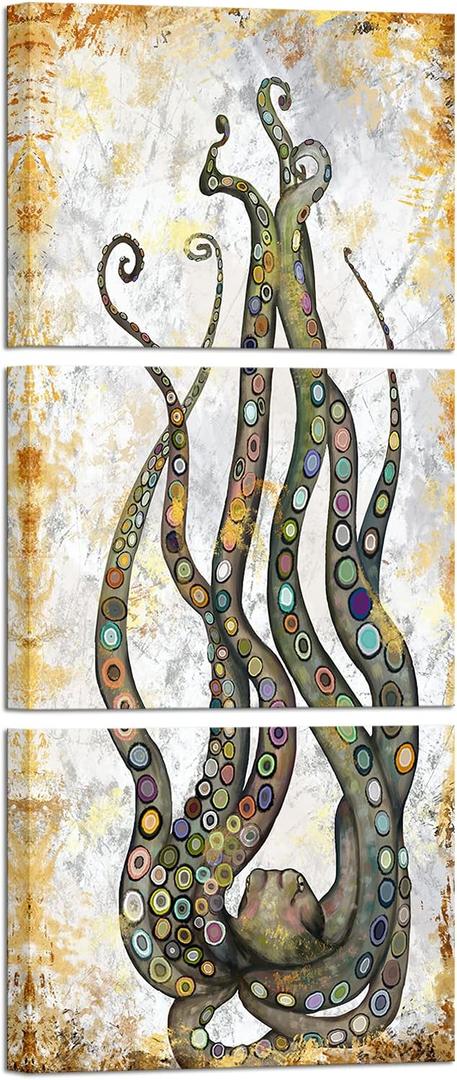 iKNOW FOTO 3 pcs Rustic Octopus Wall Art Painting Brown Marine Animal Picture Print On Canvas Ocean Life Poster for Bathroom Bedroom Home Decor Decoration Gift Easy to Hang Each Panel 12x16inch