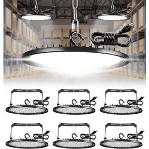 UFO LED High Bay Light: 150W 25500LM Led Shop Lights with 5ft Cord & U Bracket for Warehouse Workshop Commercial Use | 110v Warm White 5000k Commercial Lights | Plug & Play | IP65 Waterproof | 6 Pack