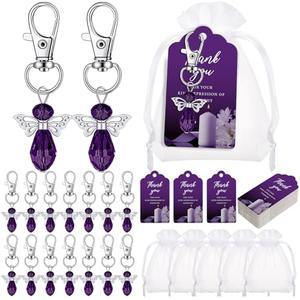 Hicarer 60 Set Funeral Favors, Celebration of Life Favors Angel Keychains Organza Bags Sympathy Thank You Tags for Memorial Party Supplies Guest Return Funeral Gifts(Purple)