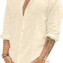 Mens Casual Long Sleeve Cotton Linen Shirts Buttons Down Solid Plain Roll-Up Sleeve Summer Beach Shirts S