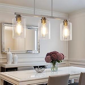 Mecgirn Island Light for Kitchen, Brushed Nickel Dining Room Light Fixture Over Table, 3-Light Linear Chandelier Pendant Lighting for Dining Table Kitchen Island Living Room