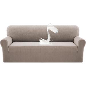 PrinceDeco Waterproof Couch Covers Slipcovers for Sofas,1 Piece Stretch Jacquard Sofa Slipcover Leakproof Pet Friendly Furniture Protector for Kids, Dog (Sofa Seat Width 52"-58", Sand)
