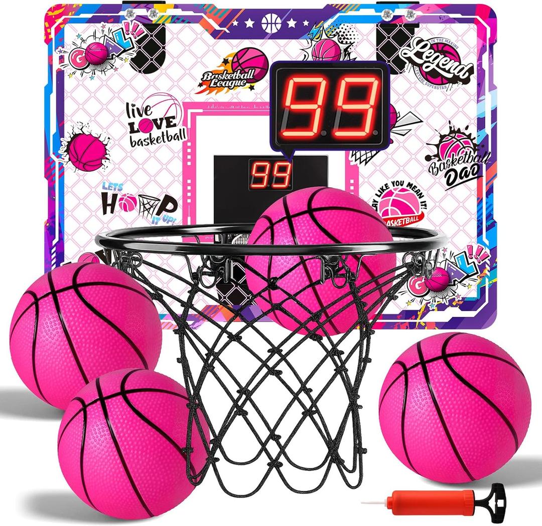 LovesTown Pink Indoor Mini Basketball Hoop, for Girls Ages 4-12, Over The Door Hoop with LED Lights & Electronic Scoreboard, 4 Balls, DIY Stickers, Sports Toys for Family Game Night