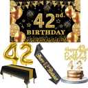 42nd Birthday Decorations Men Women with 42nd Birthday Banner, Black and Gold Table Cloth, Number Balloons, Large Sash, Cake Topper and Candles