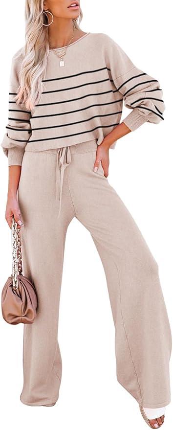 Pink Queen Two Piece Outfits for Women Lounge Sets Striped Knitted Sweater Tops Wide Leg Pants Loungewear Fall 2025, Small
