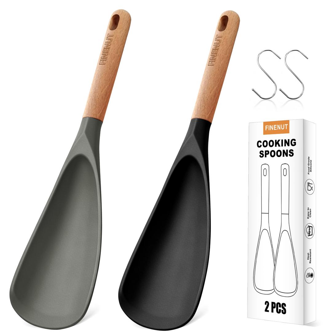 FINENUT 2-Pack Silicone Cooking Spoons with Wood Handle & S-Hooks - Heat Resistant 446°F Spoonula for Nonstick Cookware - BPA Free Multifunction Spatula Spoon for Mixing, Scooping&Serving (Black&Gray)