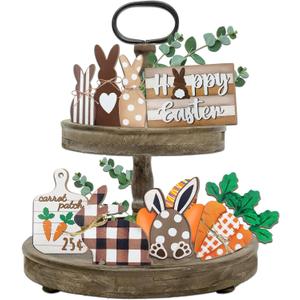 Easter Bunny Tiered Tray Decor, Farmhouse Tiered Tray Decorations, Happy Easter Bunny Carrots Buffalo Plaid Wooden Signs, Spring Rustic Rabbit Decor for Home Table Mantel Church Party