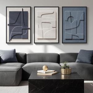 Large 3D Textured Framed Blue and White Abstract Wall Art, 3 Piece Modern Artwork for Walls, Minimalist Navy Blue Geometric Paintings for Living Room, Bedroom, Dining Room, Office Wall Decor 20x30 In