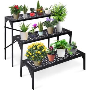 aboxoo 3 Tiers Metal Plant Stand, Ladder Flower Pots Holders, Step Display Rack, Heavy Duty Utility Storage Organizer Rack for Home Garden Patio Balcony, Stair Style Stand