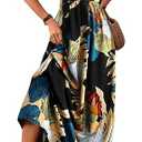 MakeMeChic Women's Summer Blue and White Floral Dress 2026 Boho Backless Maxi Sundress Spaghetti Strap Flowy Dress, Size S