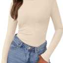 PRETTYGARDEN Womens Long Sleeve Shirts 2026 Ribbed Knit Slim Fitted Basic Tee Casual Going Out Tops Underscrubs Fall Clothing (Beige, L)