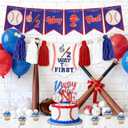 Baseball 1/2 Birthday Decorations Kit - Includes 1/2 Way to First Banner, High Chair Garland, Cake Topper, Soft Crown & Photo Backdrop for 6-Month Rookie Party